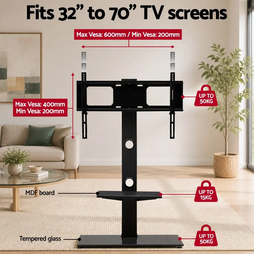 TV Floor Stand Mount Bracket Black 32 to 70 Inch LED LCD 2 Tier Storage Shelf Swivel