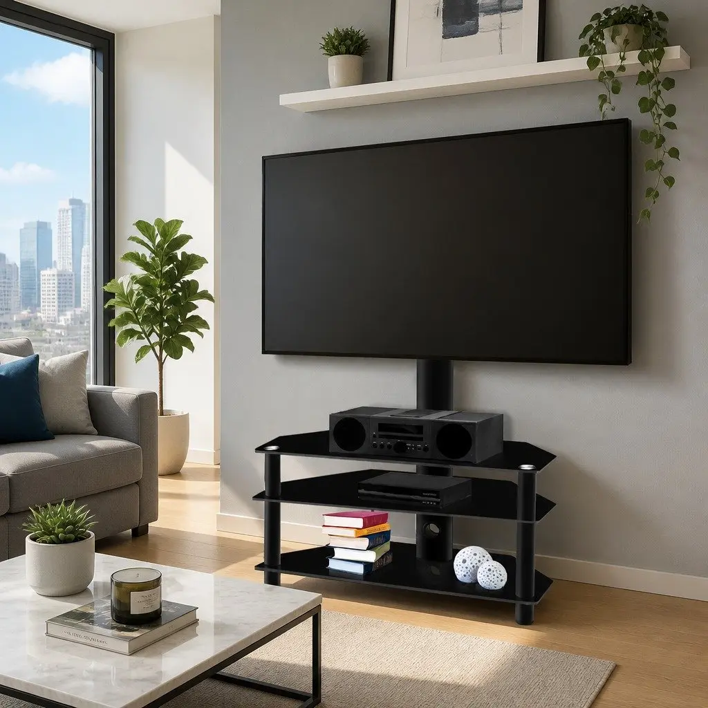 TV Floor Stand Mount with Tempered Glass Shelves