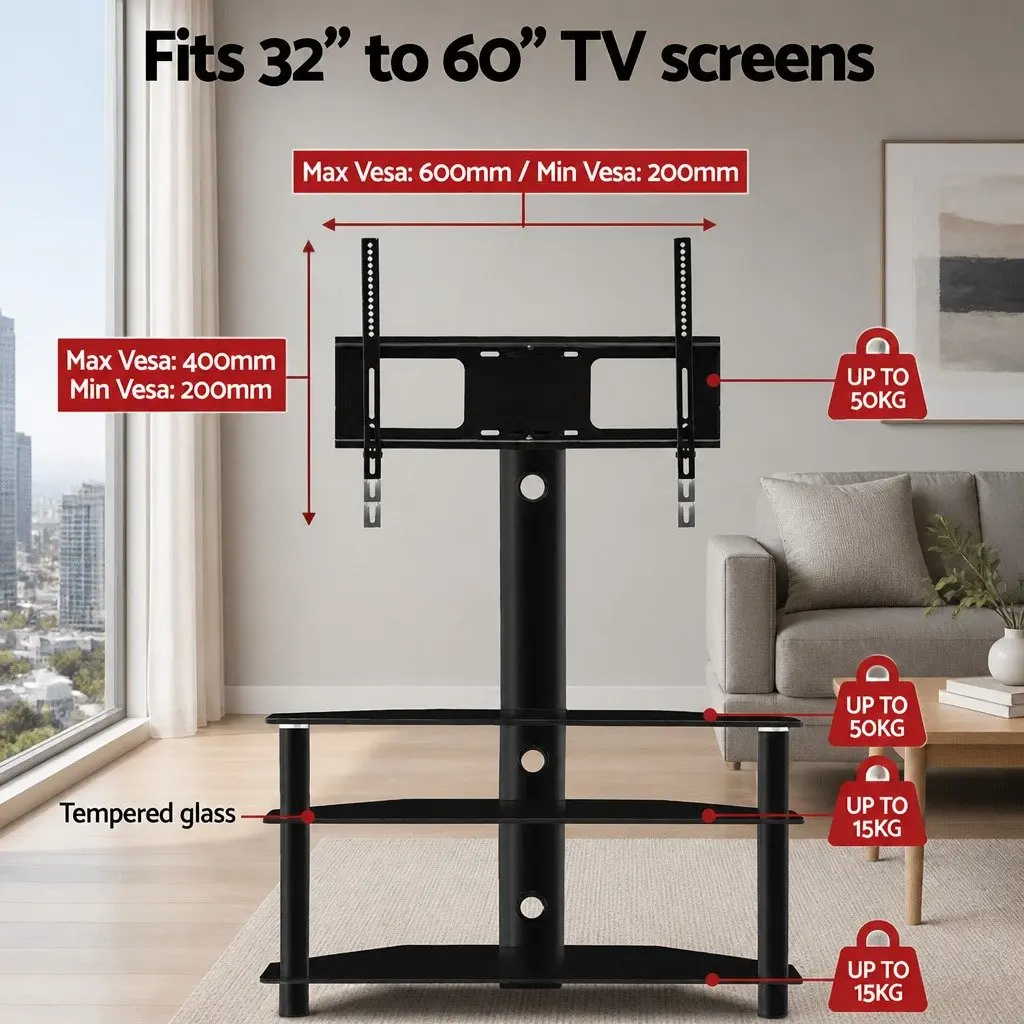 TV Floor Stand Mount with Tempered Glass Shelves
