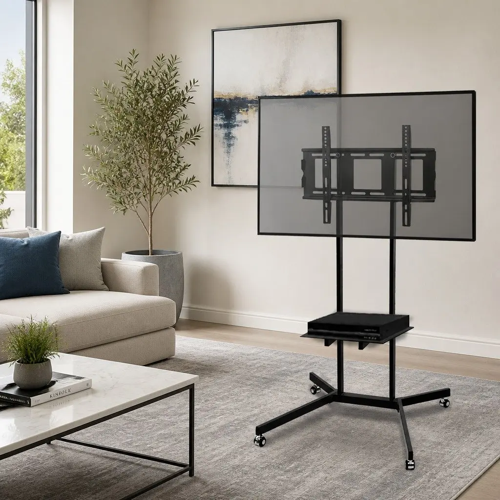 Mobile TV Stand Floor Mount Bracket Black 32 to 65 Inch Tempered Glass and Steel