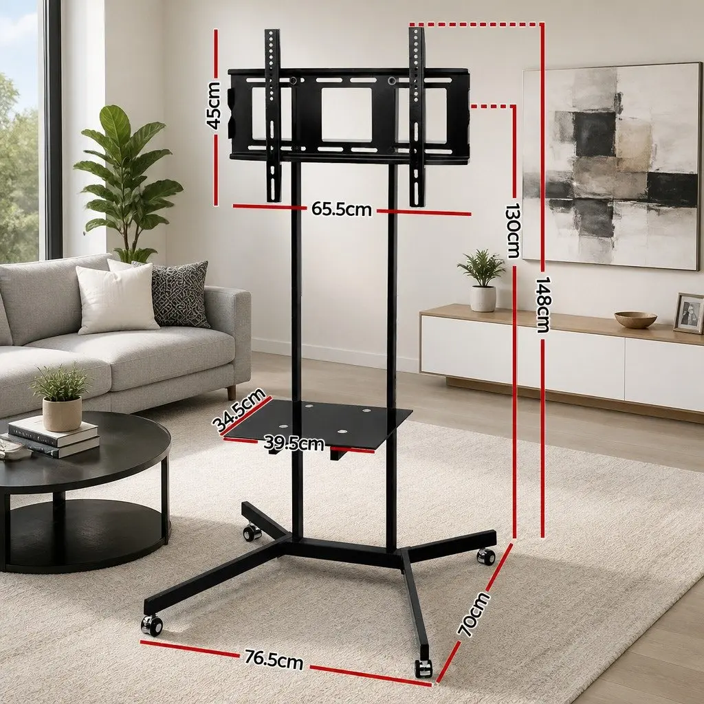 Mobile TV Stand Floor Mount Bracket Black 32 to 65 Inch Tempered Glass and Steel
