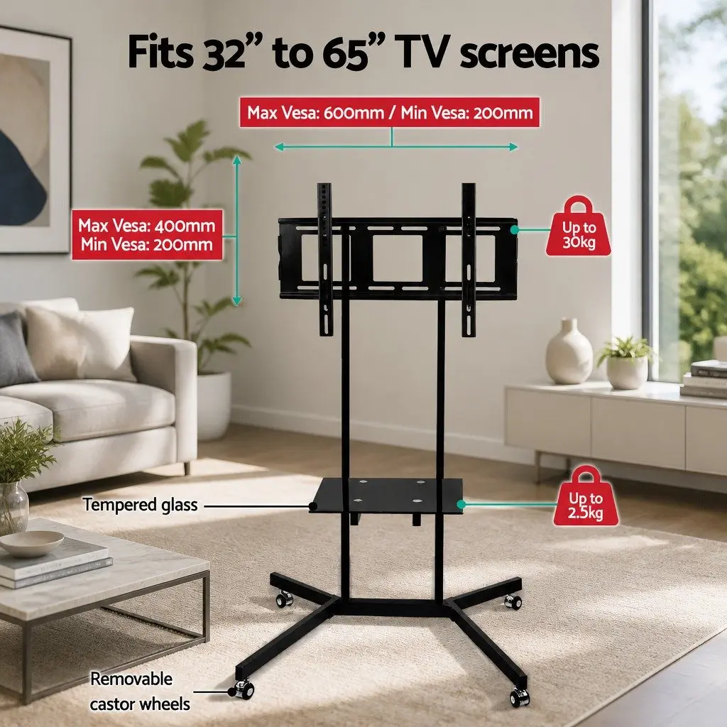 Mobile TV Stand Floor Mount Bracket Black 32 to 65 Inch Tempered Glass and Steel