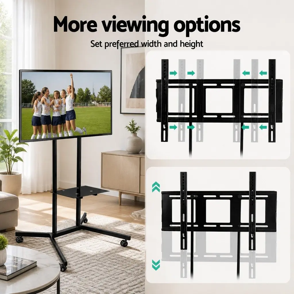 Mobile TV Stand Floor Mount Bracket Black 32 to 65 Inch Tempered Glass and Steel