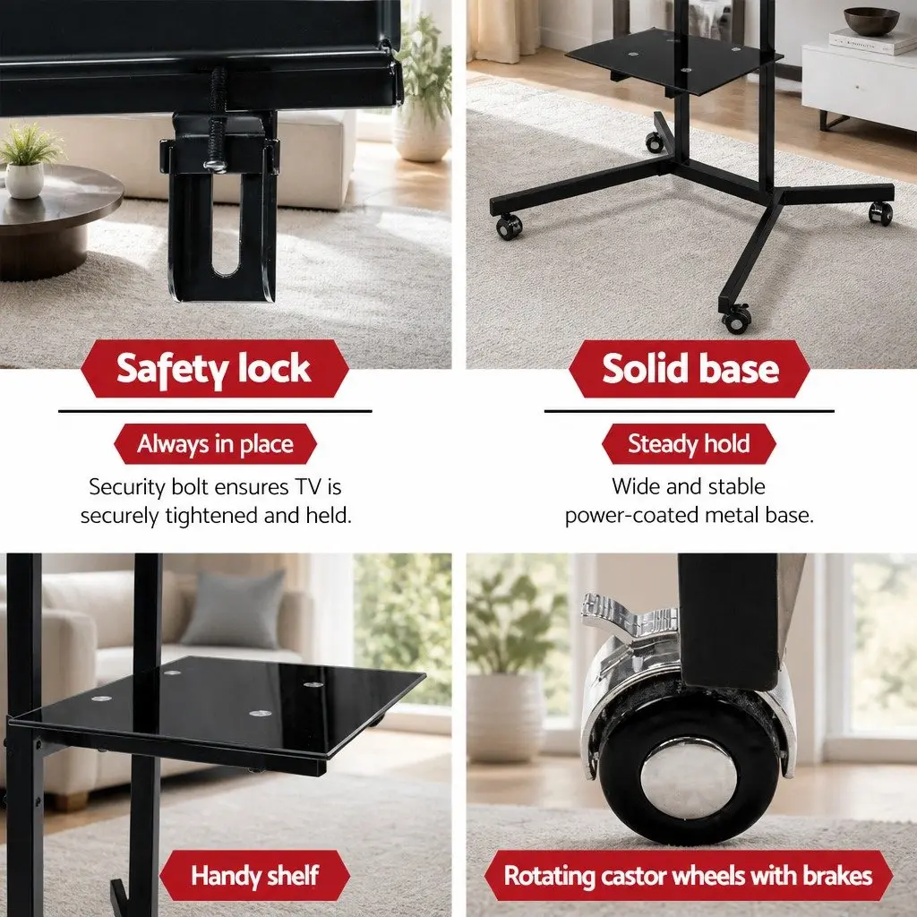 Mobile TV Stand Floor Mount Bracket Black 32 to 65 Inch Tempered Glass and Steel