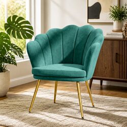 Green Velvet Scallop Back Armchair with Golden Legs