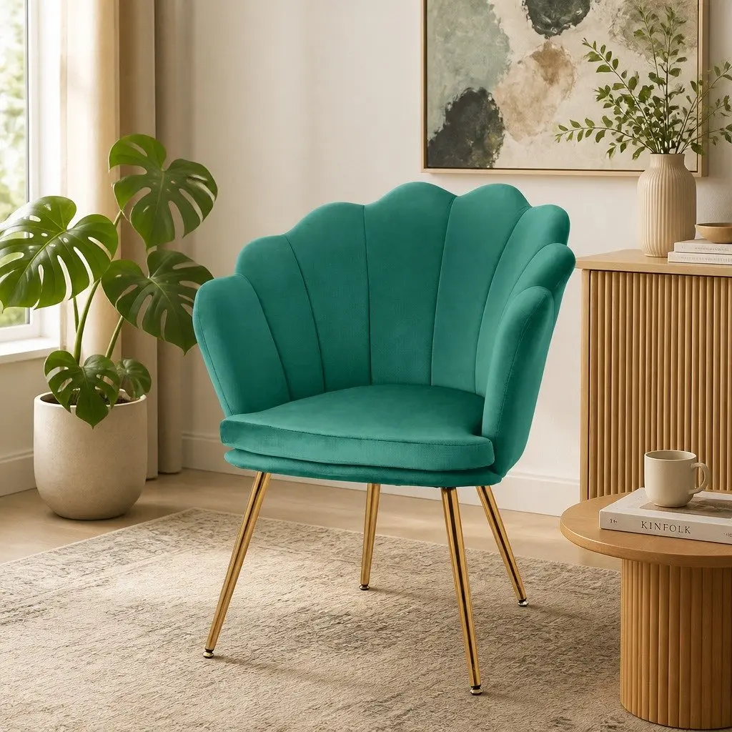Green Velvet Scallop Back Armchair with Golden Legs