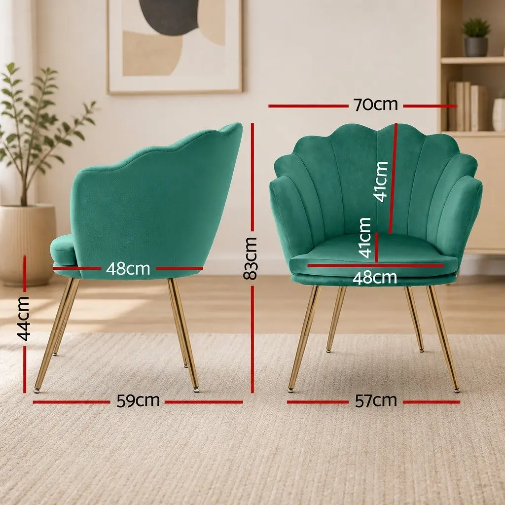 Green Velvet Scallop Back Armchair with Golden Legs