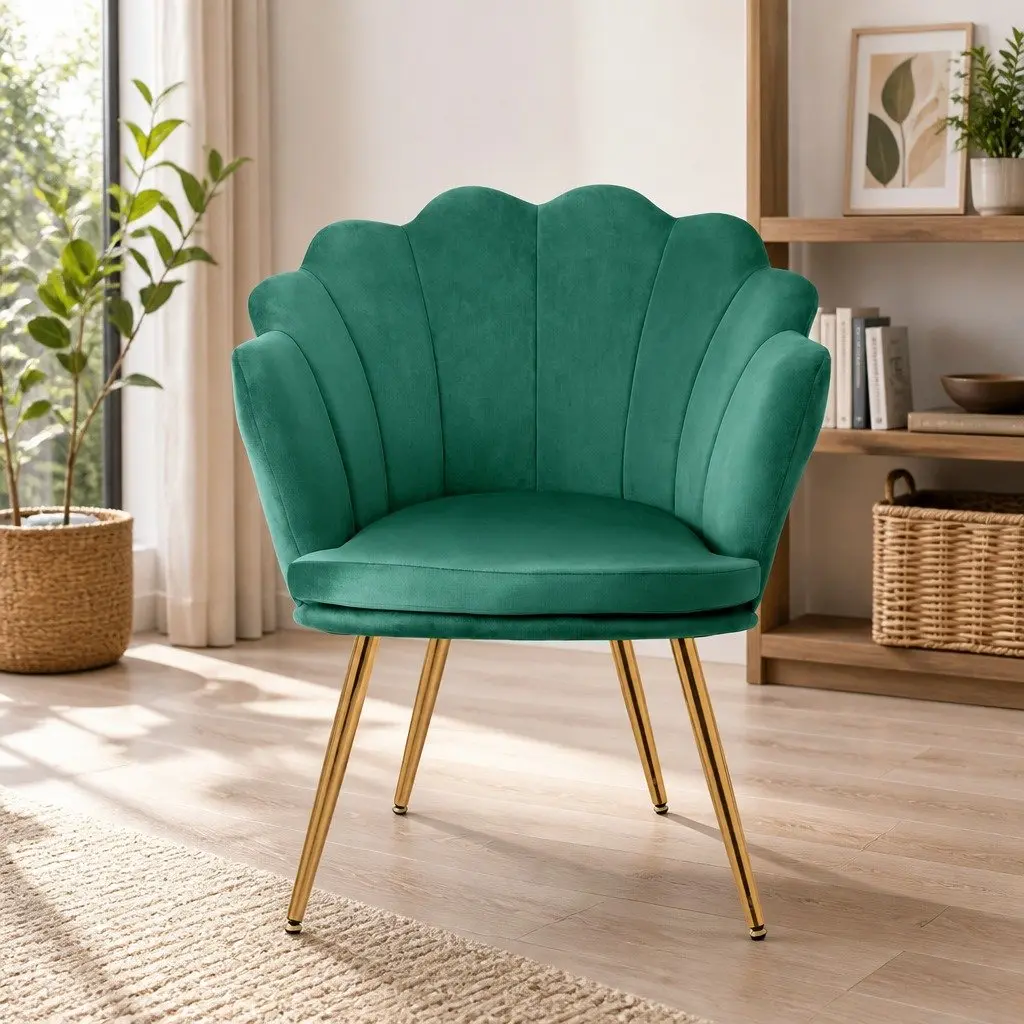 Green Velvet Scallop Back Armchair with Golden Legs