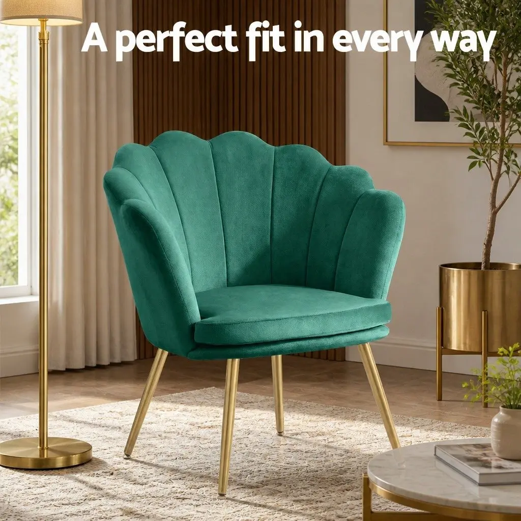 Green Velvet Scallop Back Armchair with Golden Legs
