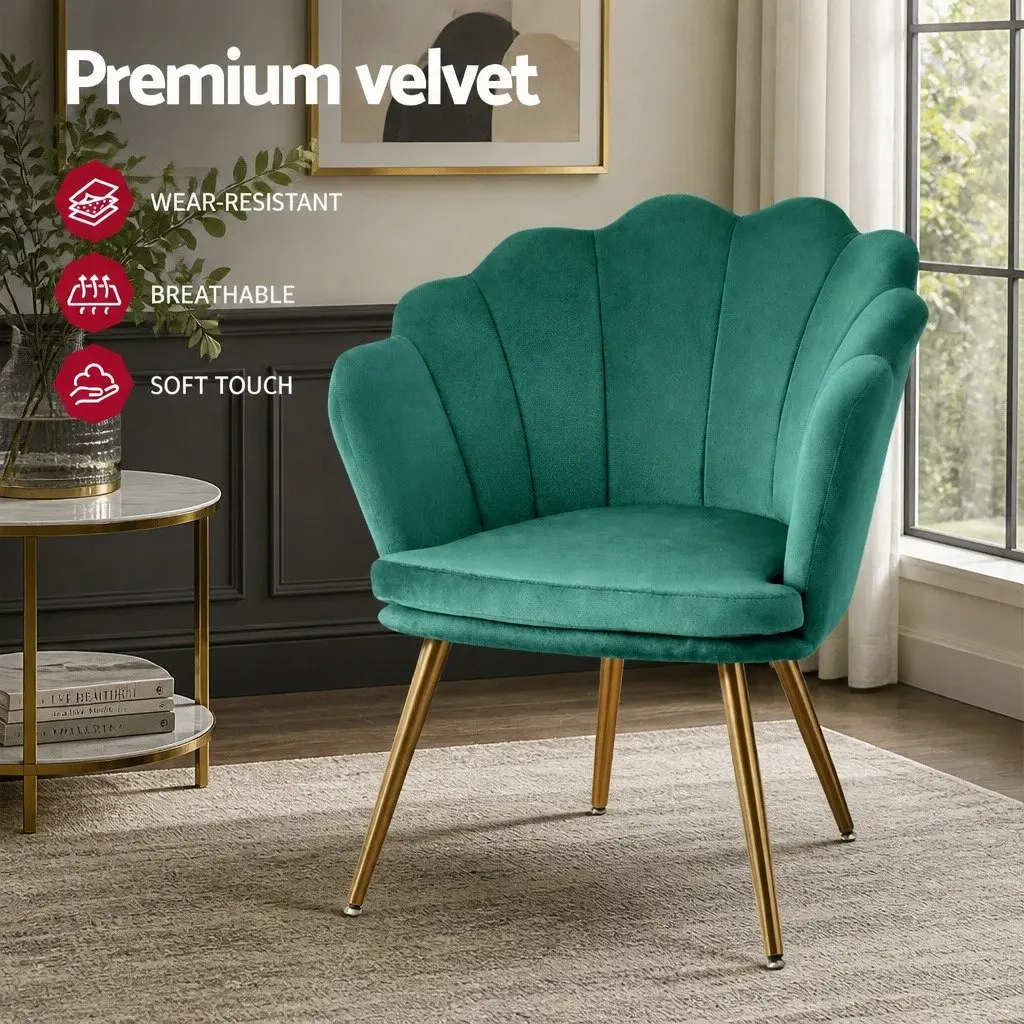 Green Velvet Scallop Back Armchair with Golden Legs
