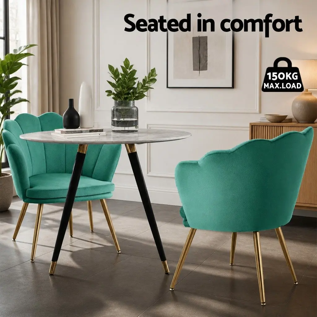 Green Velvet Scallop Back Armchair with Golden Legs