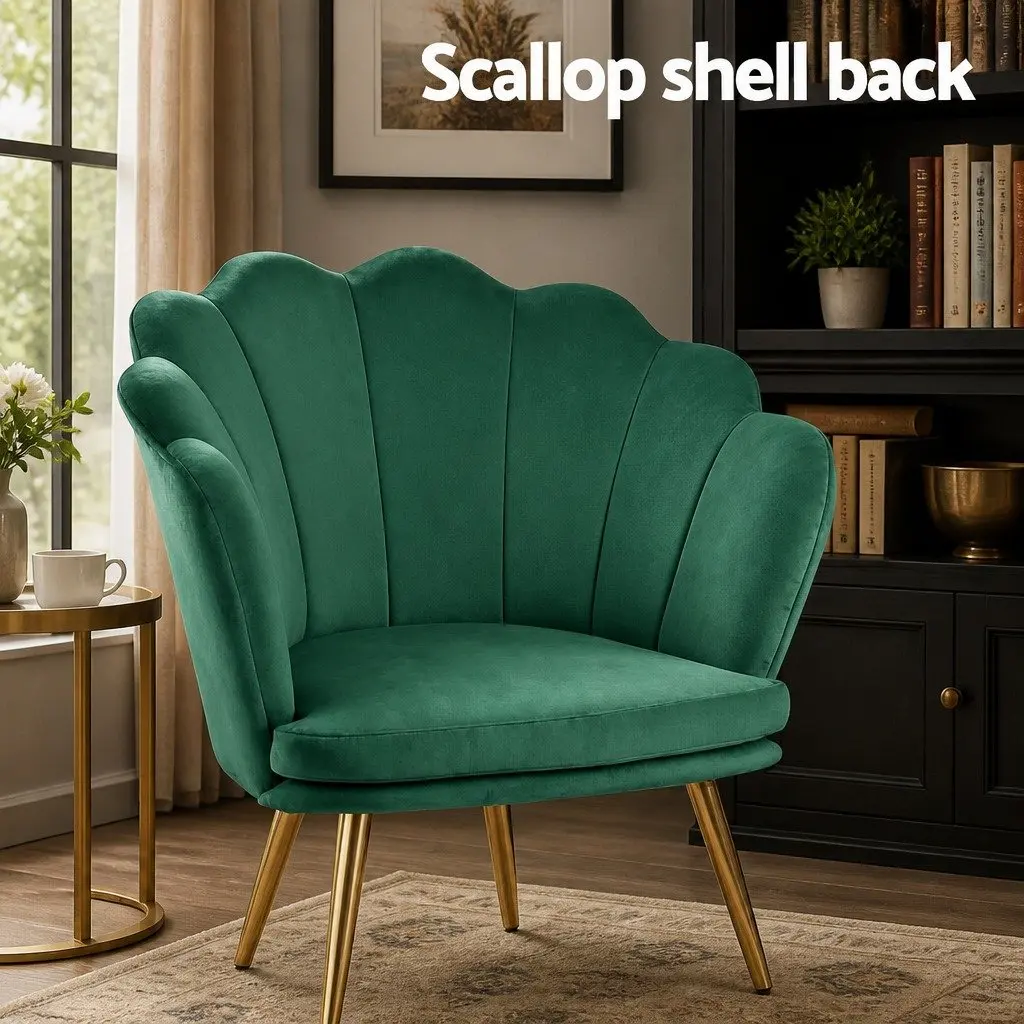 Green Velvet Scallop Back Armchair with Golden Legs