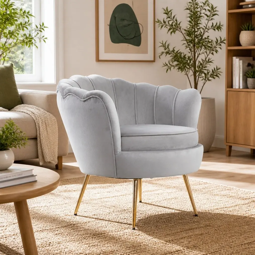 Armchair Velvet Grey Shell Back Design Accent Chair Lounge Seat Home Furniture