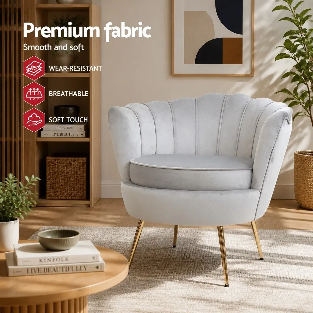 Armchair Velvet Grey Shell Back Design Accent Chair Lounge Seat Home Furniture