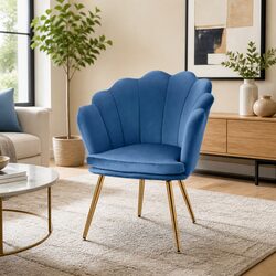 Navy Velvet Armchair with Shell Back and Golden Legs