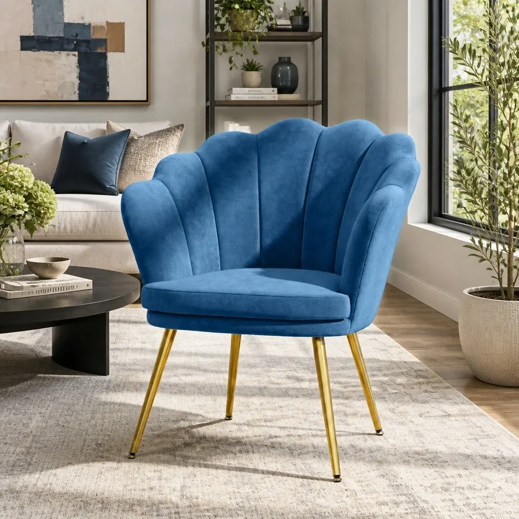 Navy Velvet Armchair Shell Back Design Golden Legs Accent Chair Reading Lounge