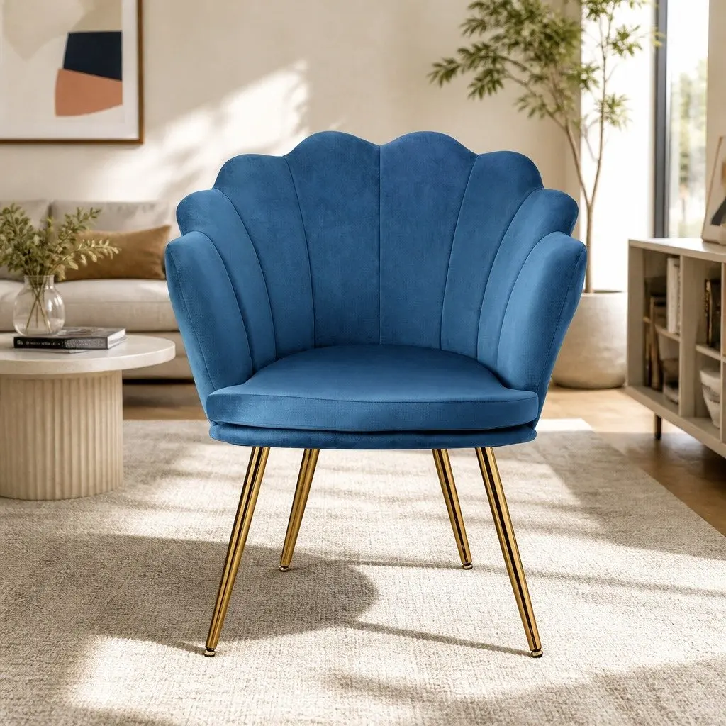 Navy Velvet Armchair Shell Back Design Golden Legs Accent Chair Reading Lounge