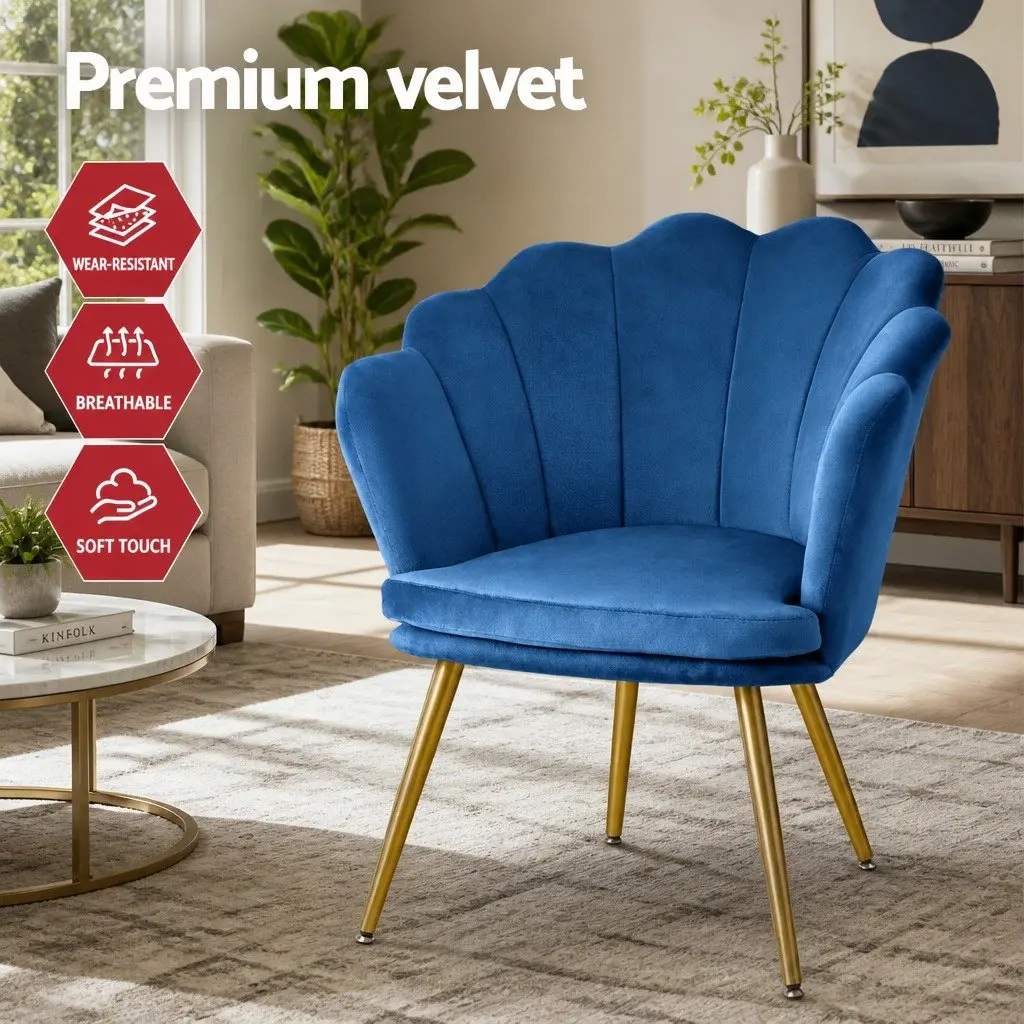 Navy Velvet Armchair Shell Back Design Golden Legs Accent Chair Reading Lounge