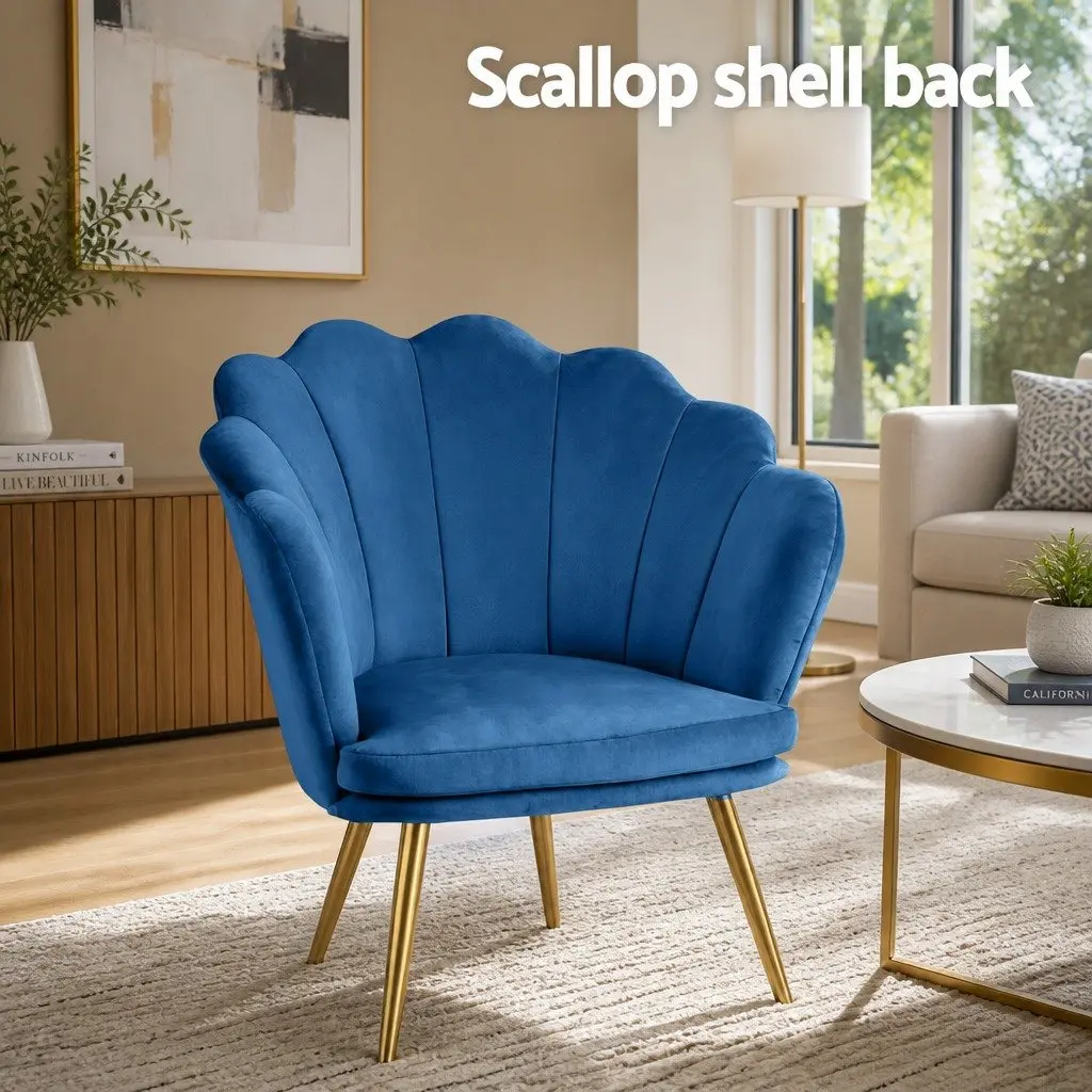 Navy Velvet Armchair Shell Back Design Golden Legs Accent Chair Reading Lounge