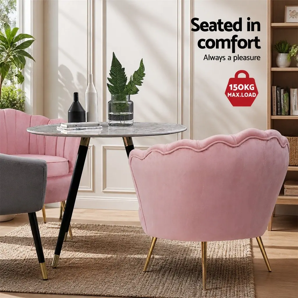 Pink Velvet Armchair Shell Back Design Accent Chair with Golden Metal Legs
