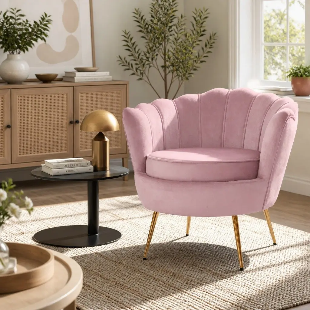 Pink Velvet Armchair Shell Back Design Accent Chair with Golden Metal Legs