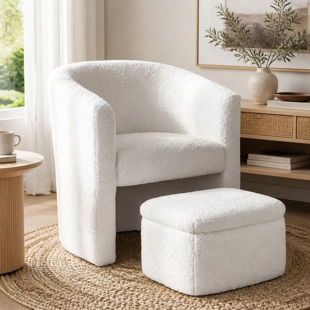 White Armchair Accent Chair with Storage Ottoman