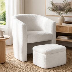 Cozy White Armchair Accent Chair with Storage Ottoman