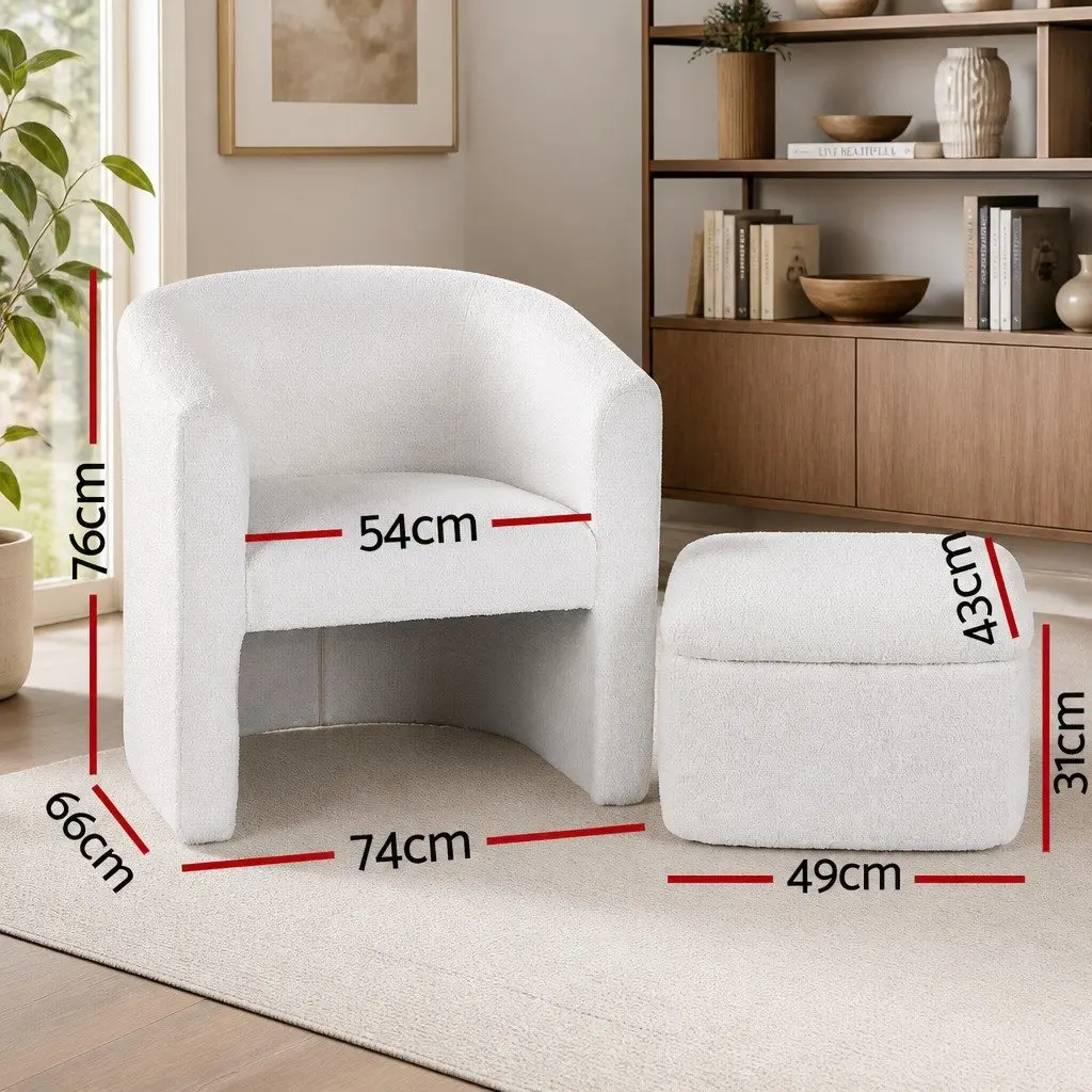 Armchair Accent Chair with Ottoman Storage Footrest Lounge Boucle White