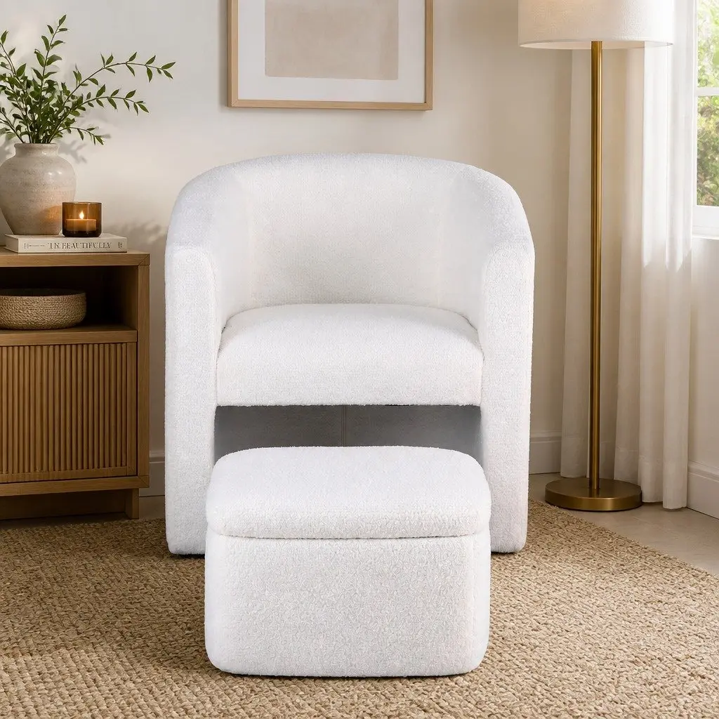 Armchair Accent Chair with Ottoman Storage Footrest Lounge Boucle White