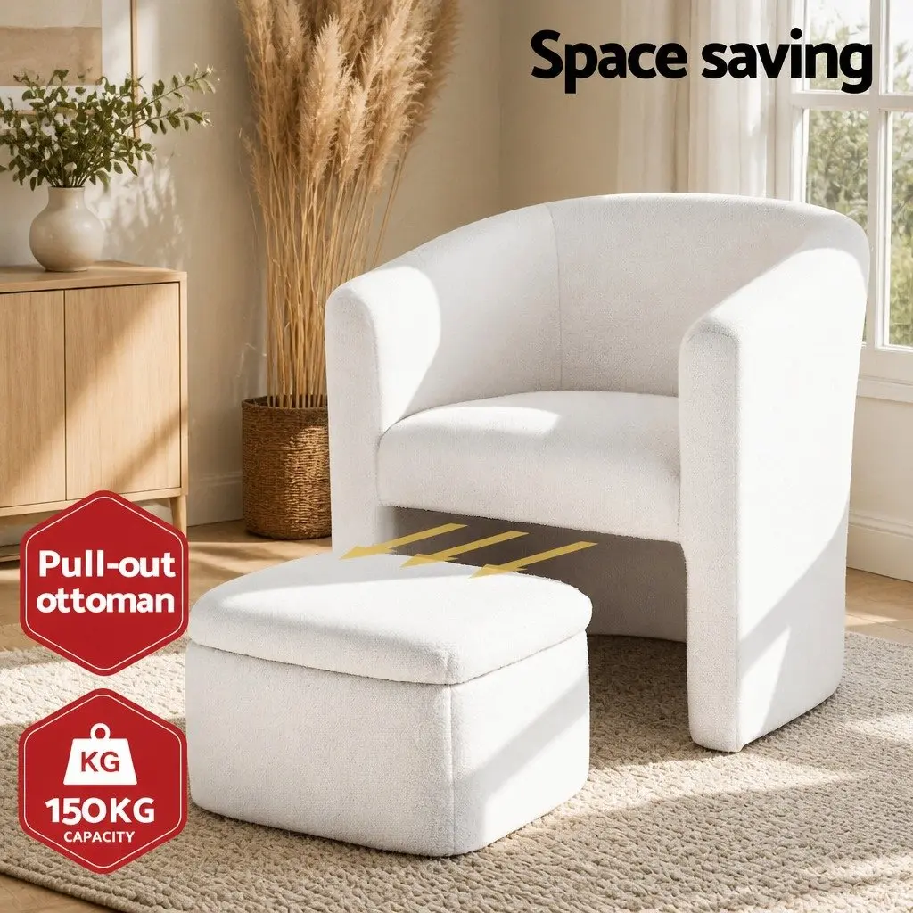 Armchair Accent Chair with Ottoman Storage Footrest Lounge Boucle White
