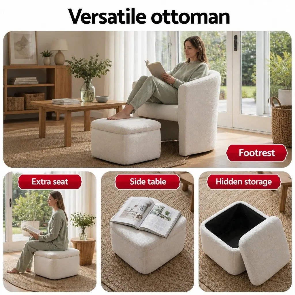 Armchair Accent Chair with Ottoman Storage Footrest Lounge Boucle White