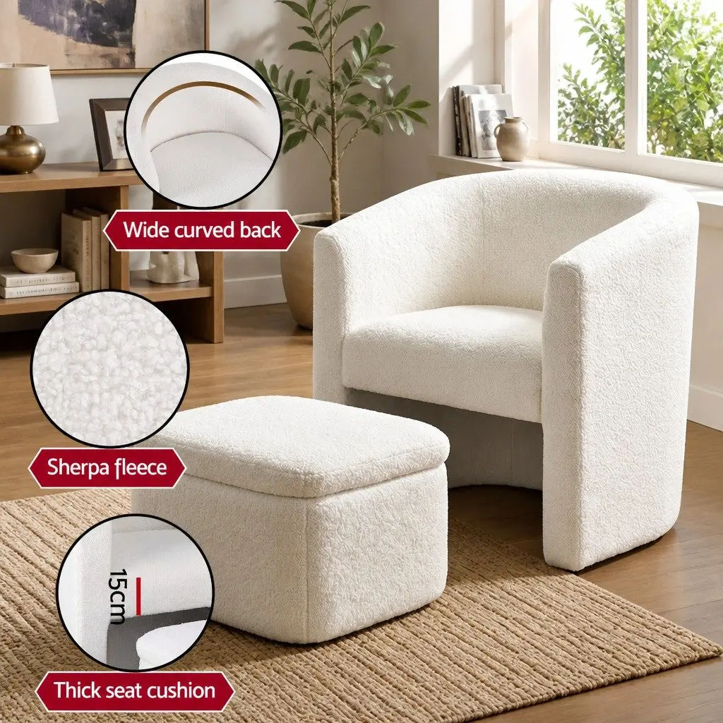 Armchair Accent Chair with Ottoman Storage Footrest Lounge Boucle White