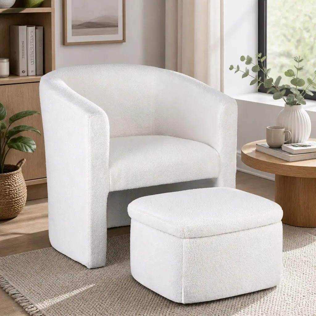 Armchair Accent Chair with Ottoman Storage Footrest Lounge Boucle White