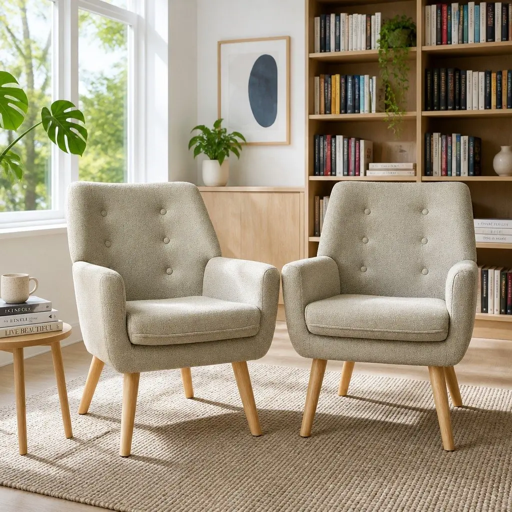 Beige Upholstered Accent Armchair Lounge Chair Set
