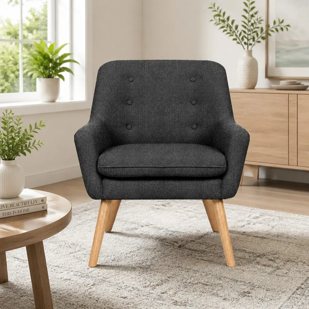 Armchair Charcoal Upholstered Faux Linen Fabric Full Size Contemporary Style