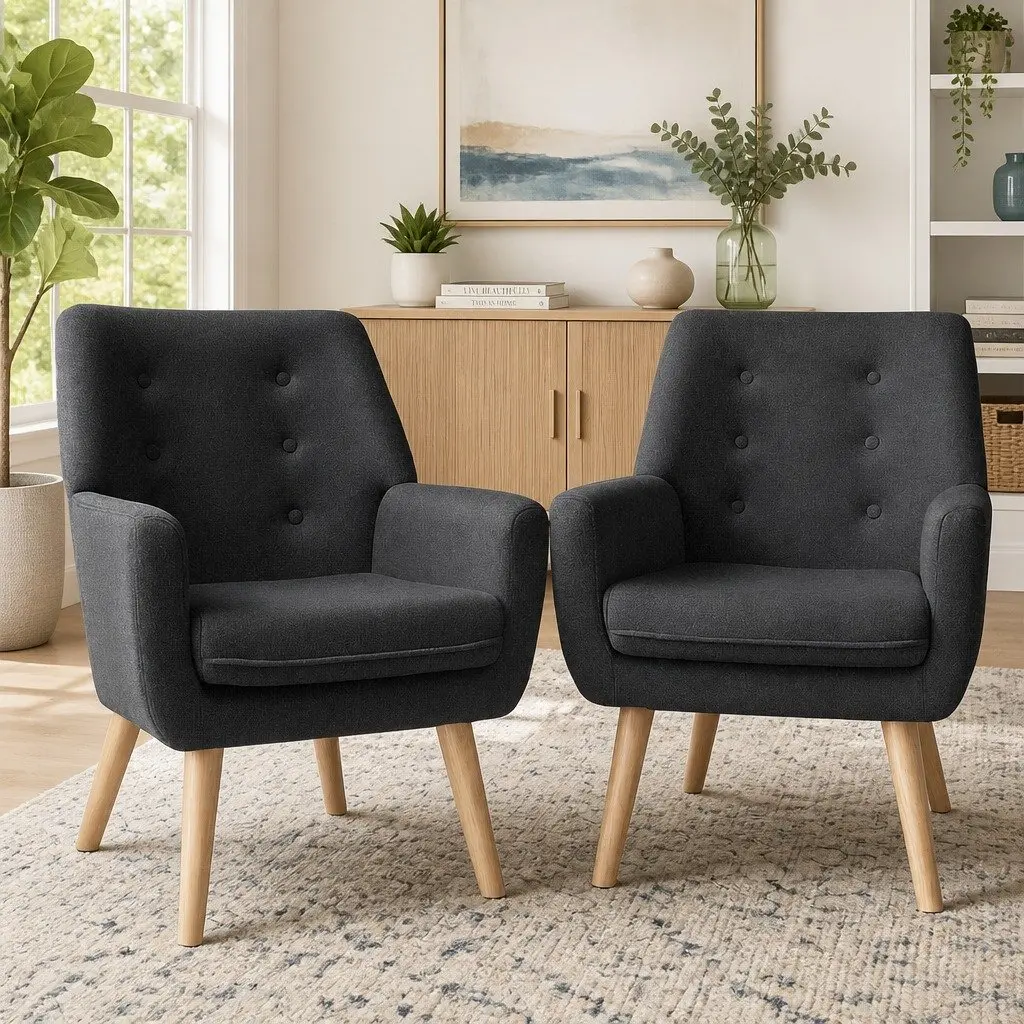Armchair Charcoal Upholstered Faux Linen Fabric Full Size Contemporary Style