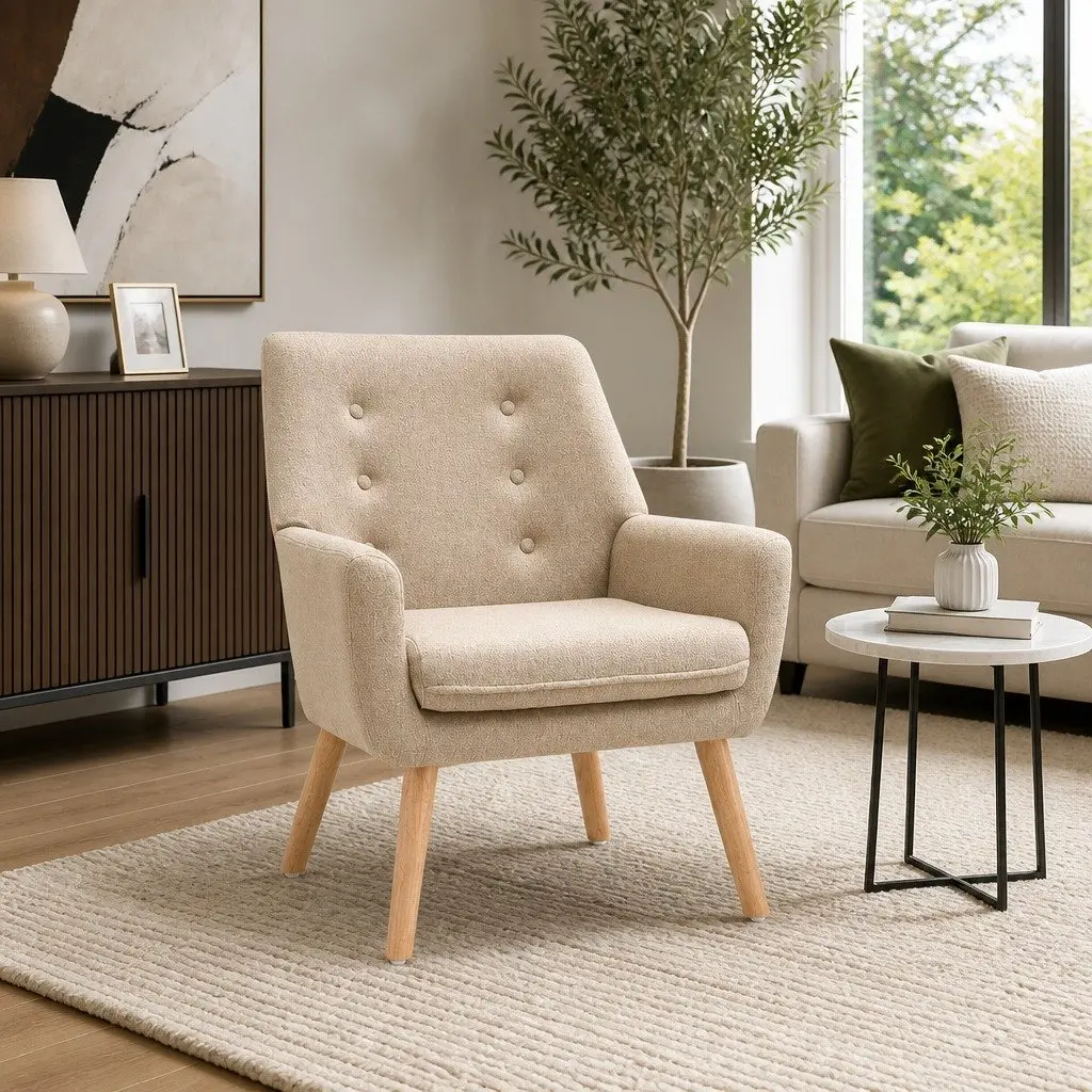 Beige Tufted Button Armchair with Foam Seating