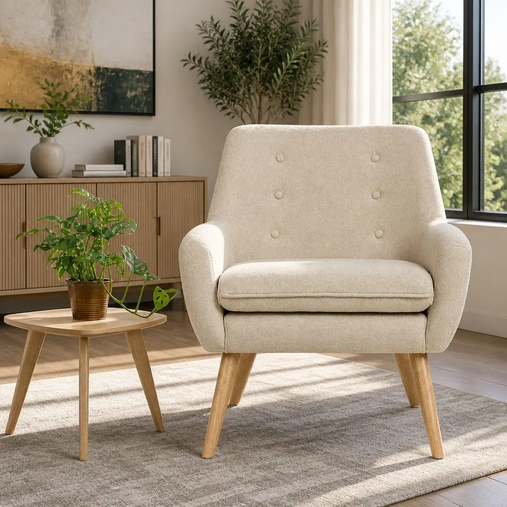 Beige Tufted Button Armchair with Foam Seating