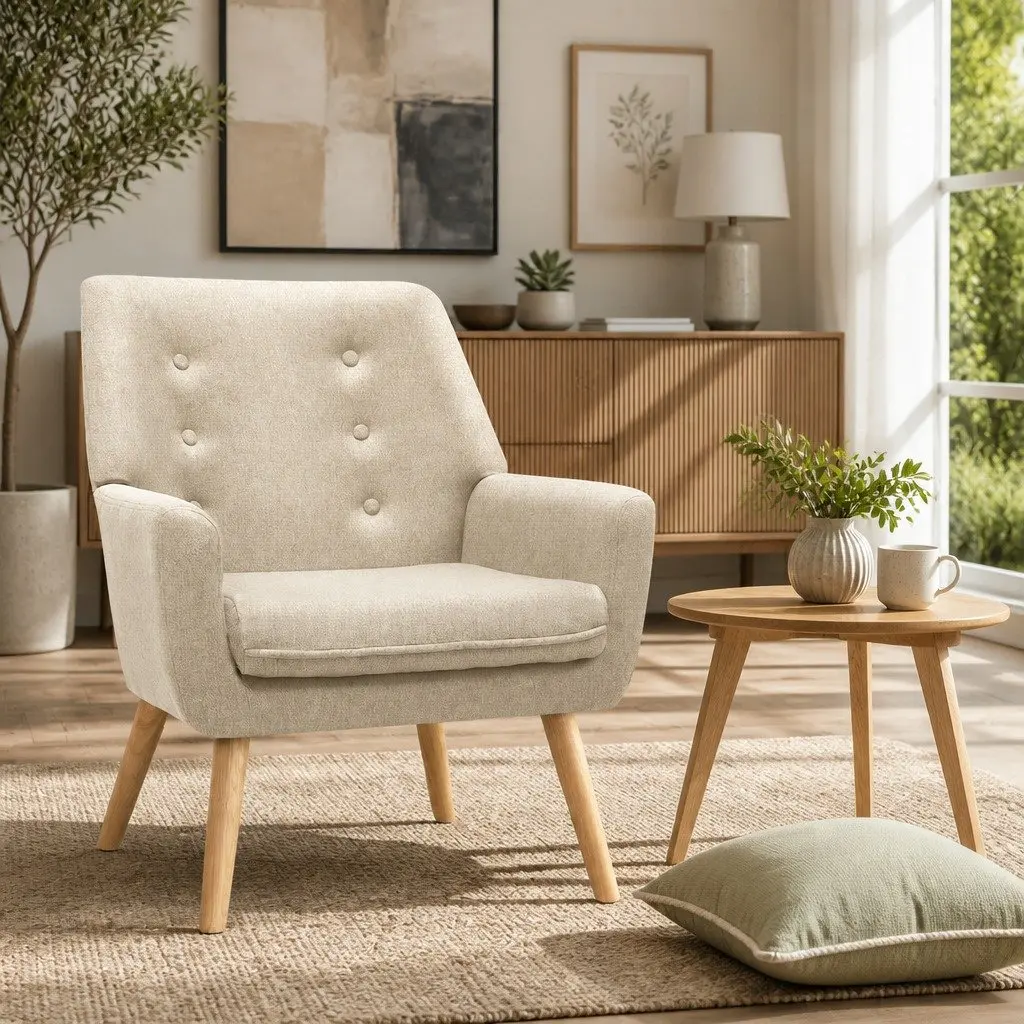 Beige Tufted Button Armchair with Foam Seating