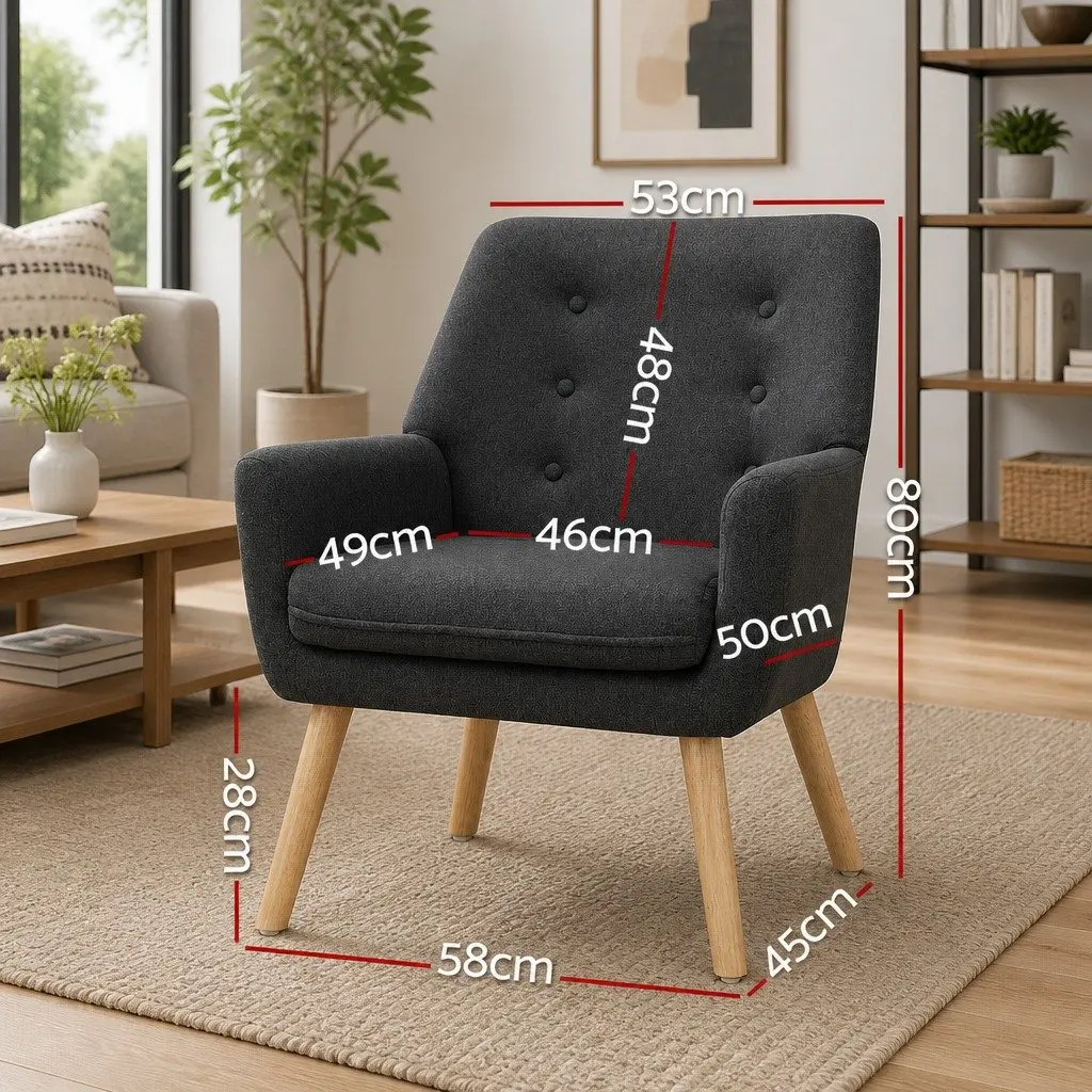 Armchair Linen Fabric Anne Charcoal Full Size Seating Tufted Button Design