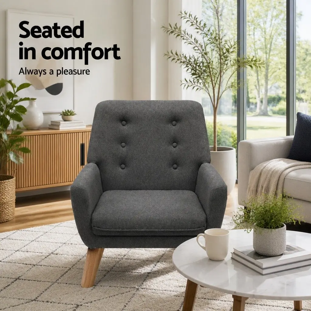 Armchair Linen Fabric Anne Charcoal Full Size Seating Tufted Button Design