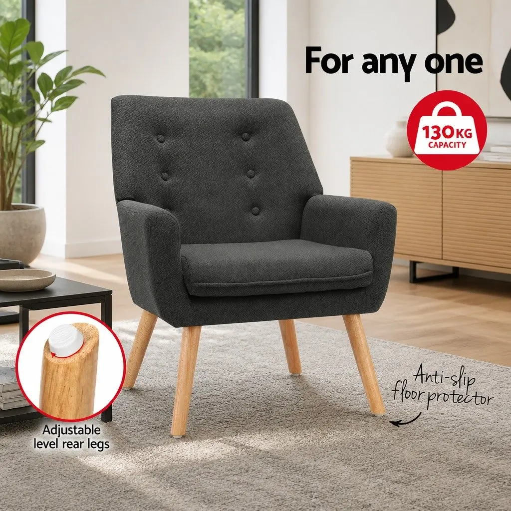 Armchair Linen Fabric Anne Charcoal Full Size Seating Tufted Button Design