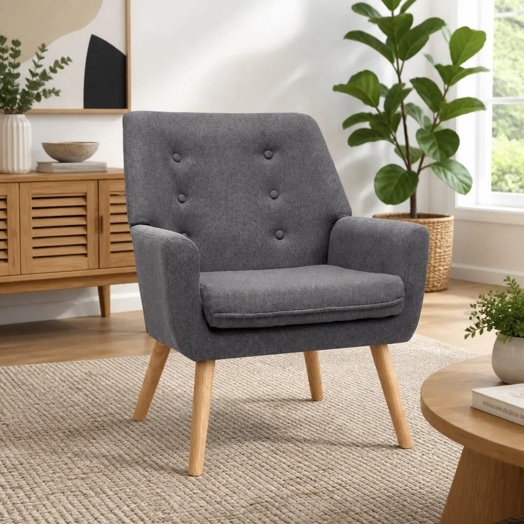 Armchair Grey Linen Fabric Upholstered Tufted Button Full Size Lounge Chair