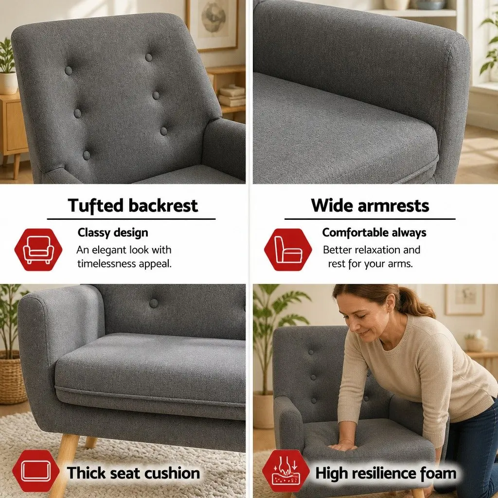 Armchair Grey Linen Fabric Upholstered Tufted Button Full Size Lounge Chair