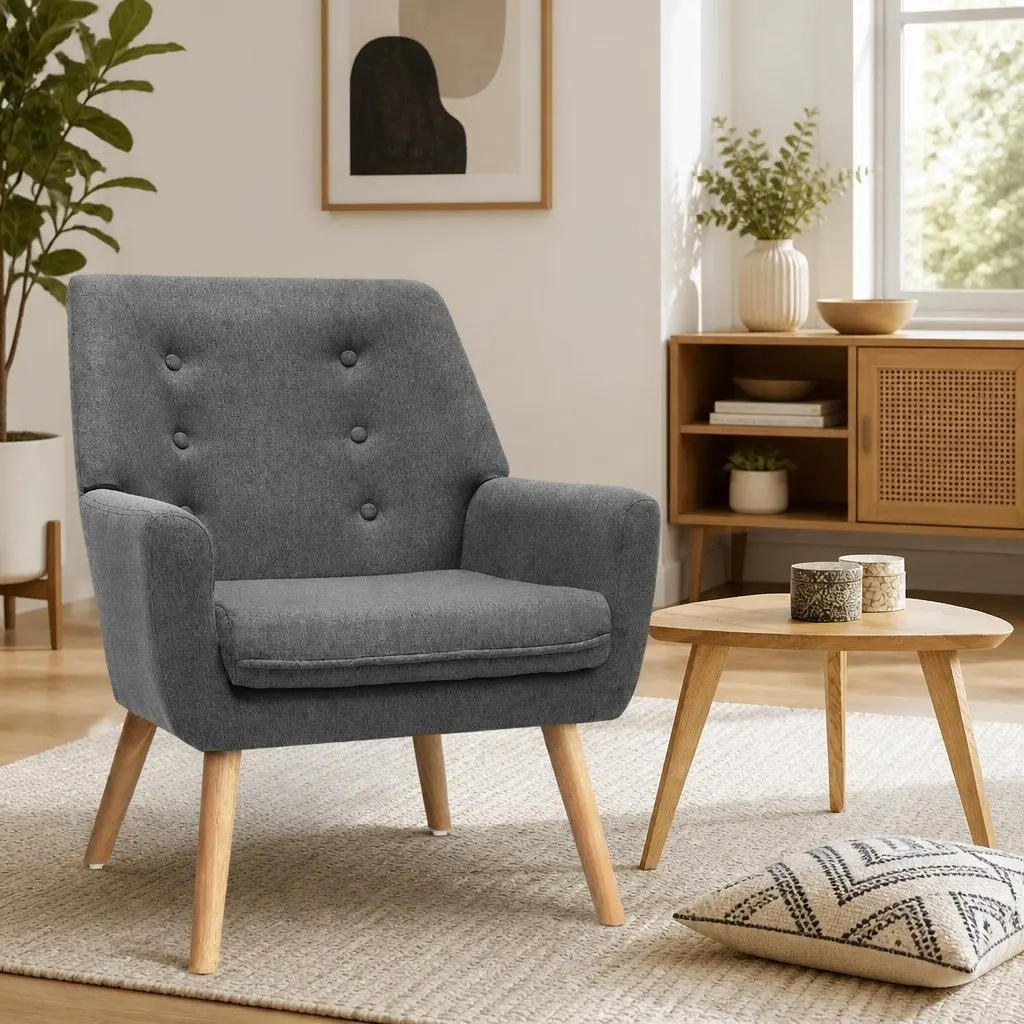 Armchair Grey Linen Fabric Upholstered Tufted Button Full Size Lounge Chair