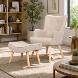 Beige Tufted Armchair and Ottoman Scandinavian Design