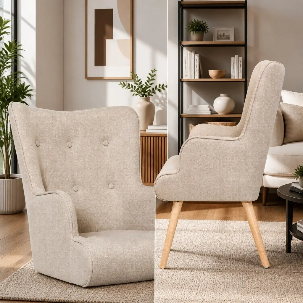 Armchair Set with Ottoman Beige Tufted Design Scandinavian Style Lounge Seating