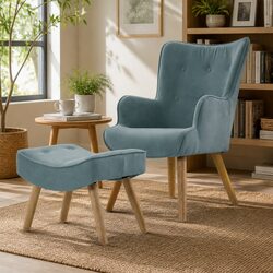 Velvet Upholstered Armchair and Ottoman Set in Blue