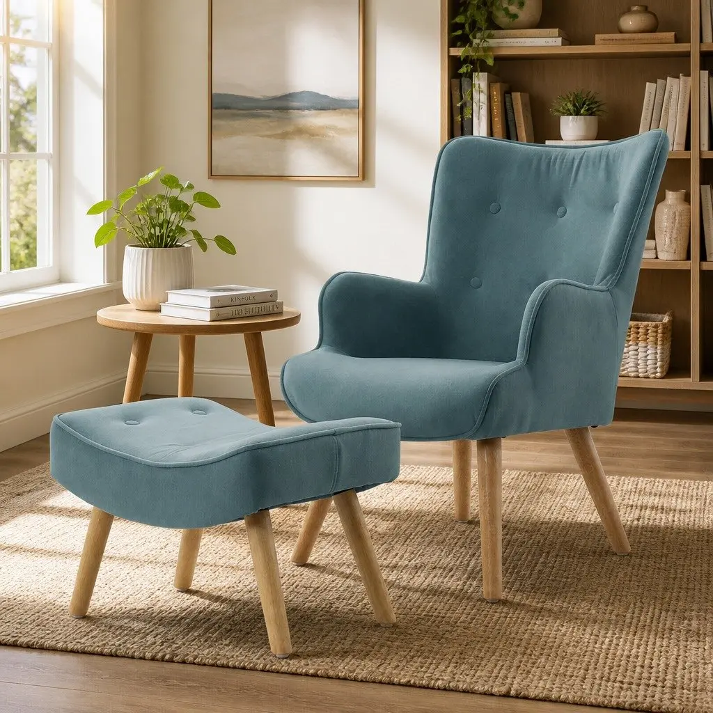 Armchair Set with Ottoman Blue Scandinavian Style Velvet Upholstered