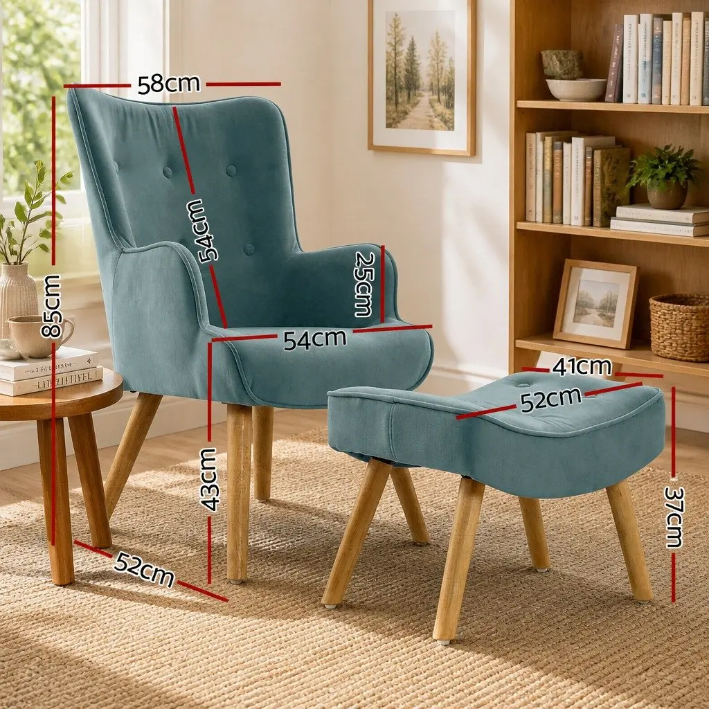 Armchair Set with Ottoman Blue Scandinavian Style Velvet Upholstered